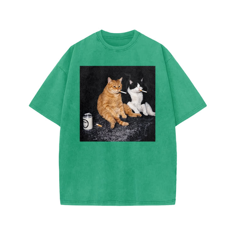 Vintage Smoking Cats Graphic Print Acid Washed T-Shirt