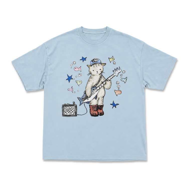 Artistic Star and Fish Guitar Cat Illustration T-Shirt