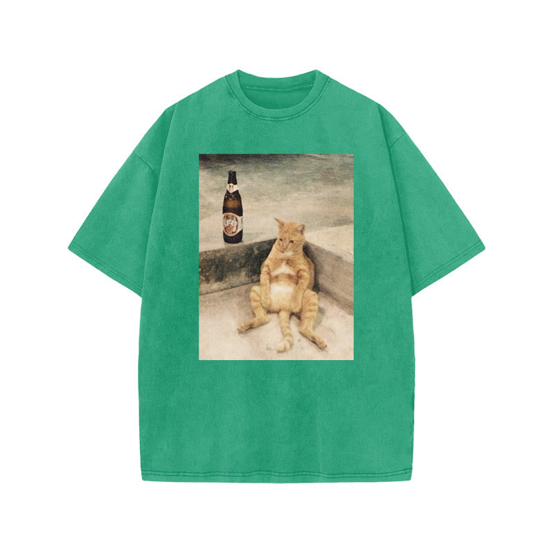 Lazy Cat & Beer Print Acid Washed T-shirt