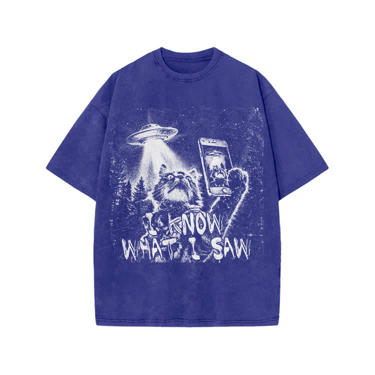 Vintage UFO Cat  I Know What I Saw Graphic Washed T-Shirt