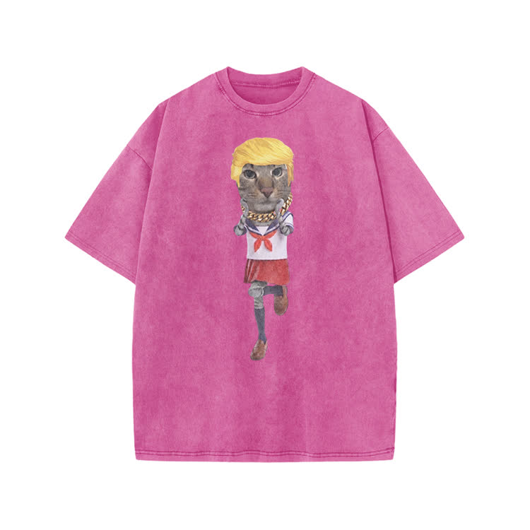 Playful Cartoon Cat Graphic Print Acid Washed T-shirt
