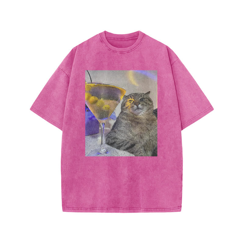 Tipsy Cat & Cocktail Print Acid Washed T-shirt
