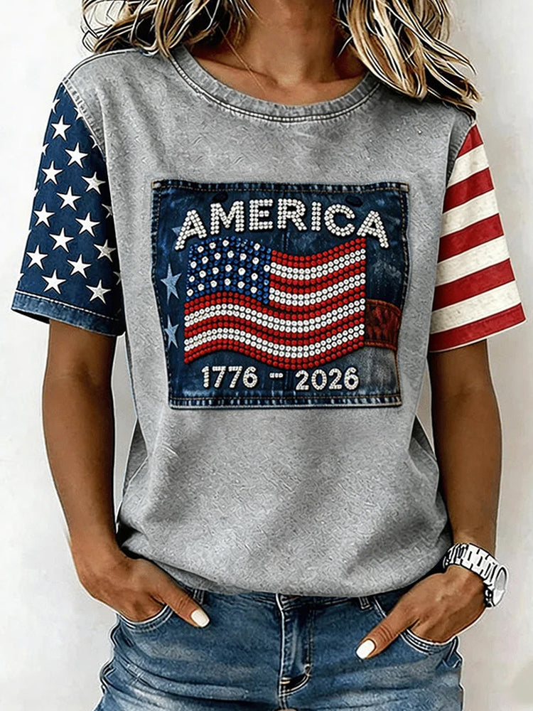 Women's Retro Independence Day Flag Printed T-shirt