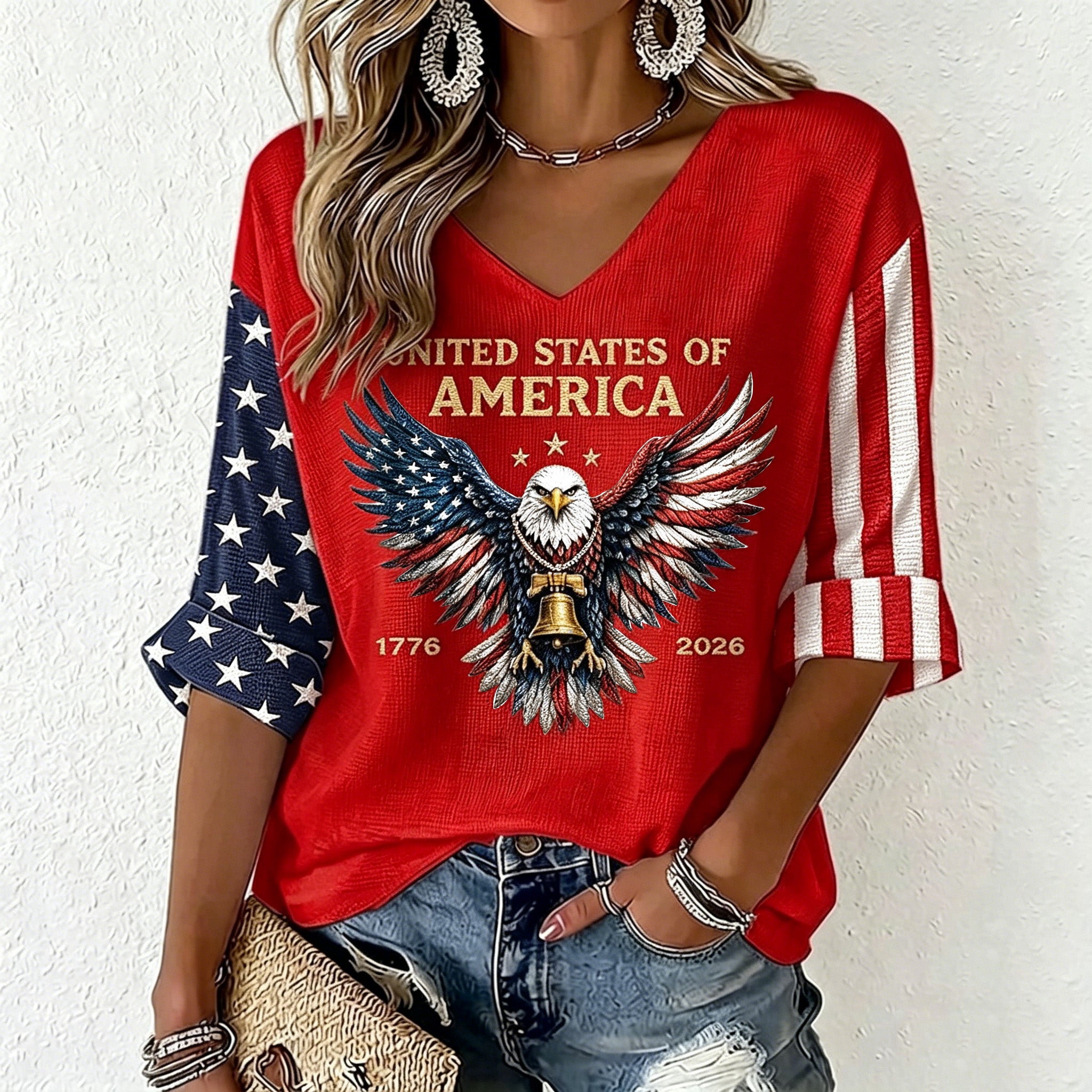 Women's Vintage Flag Art Three-quarter Sleeve V Neck Linen Tops