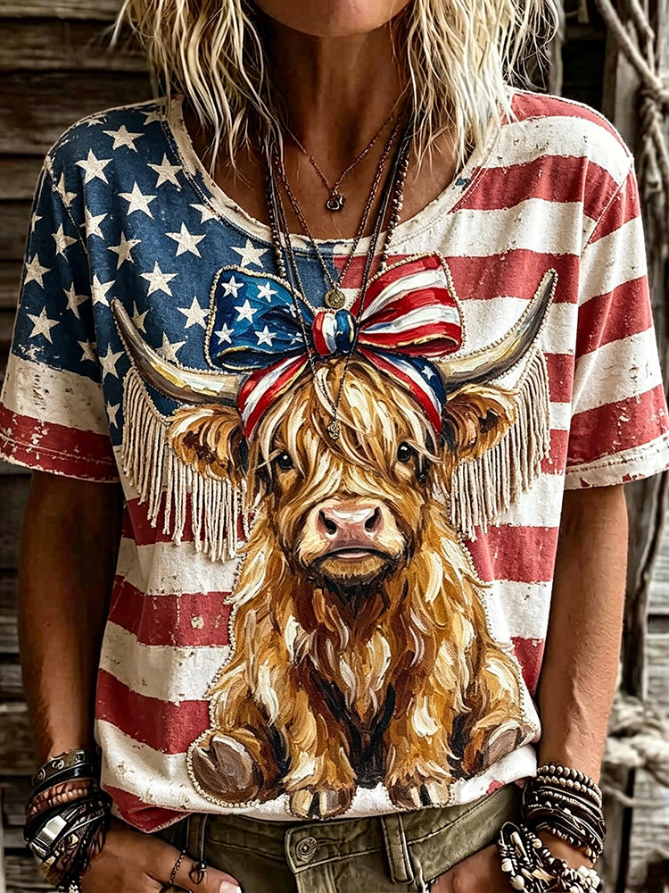 Women's Retro Independence Day Flag Highland Bull Patchwork T-shirt