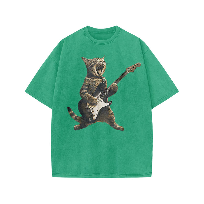 Unisex Rock Cat Playing Guitar Print Acid Washed T-shirt