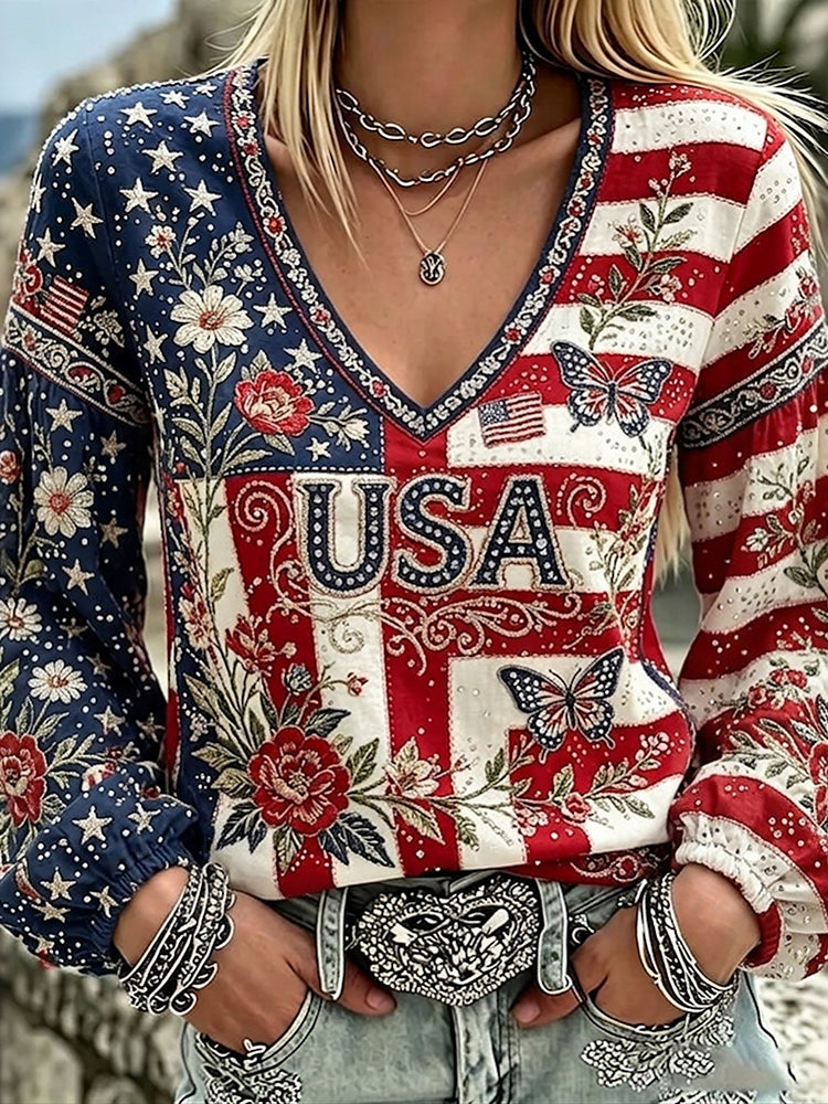 Women's Vintage Anniversary Flag Flower Art Print V Neck Linen Long Sleeve Blend T-shirt