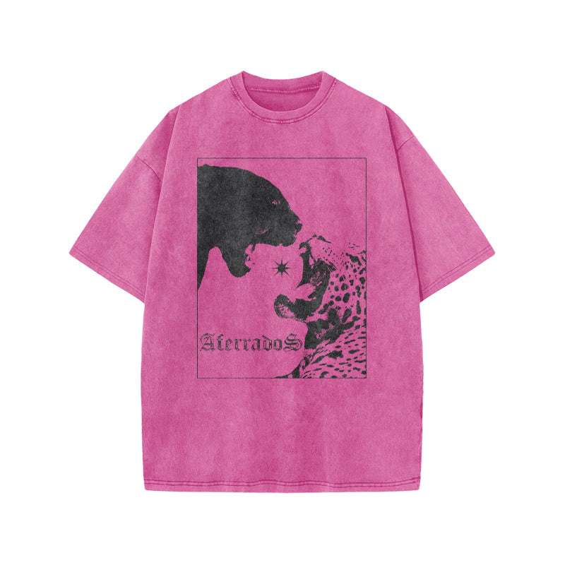 Black Panther Vs Leopard Aterrados Print Acid Washed T-shirt