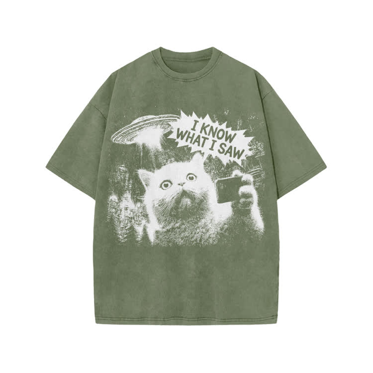 Sci Fi UFO Cat Graphic Washed T-Shirt