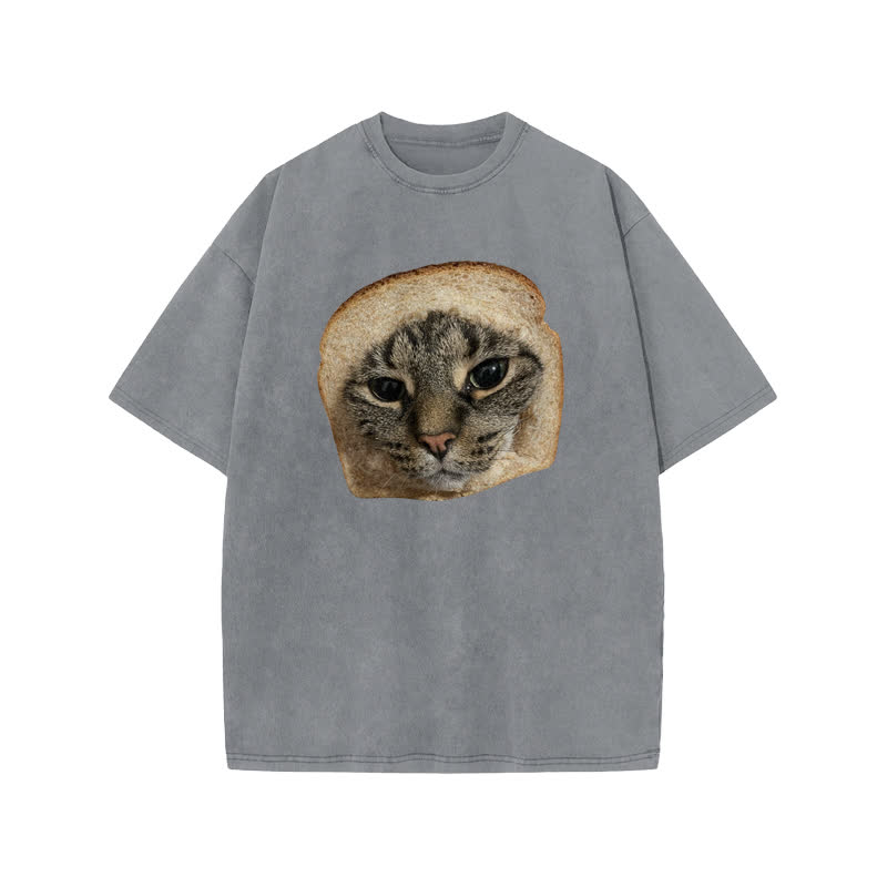 Unisex Toast Cat Print Acid Washed T-shirt