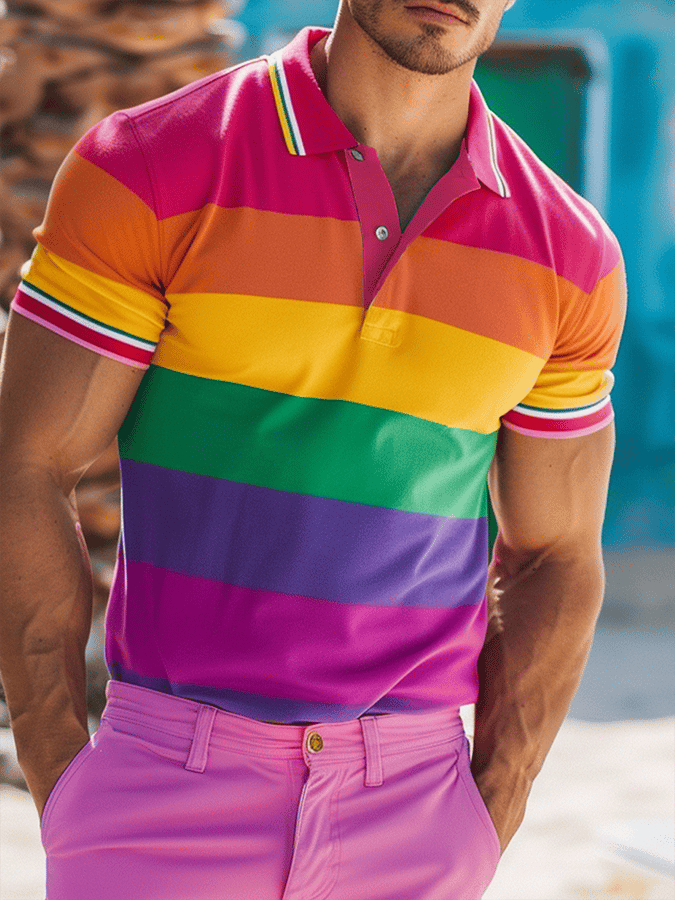 Men's Rainbow Multicolor Stripe Print Polo Shirt