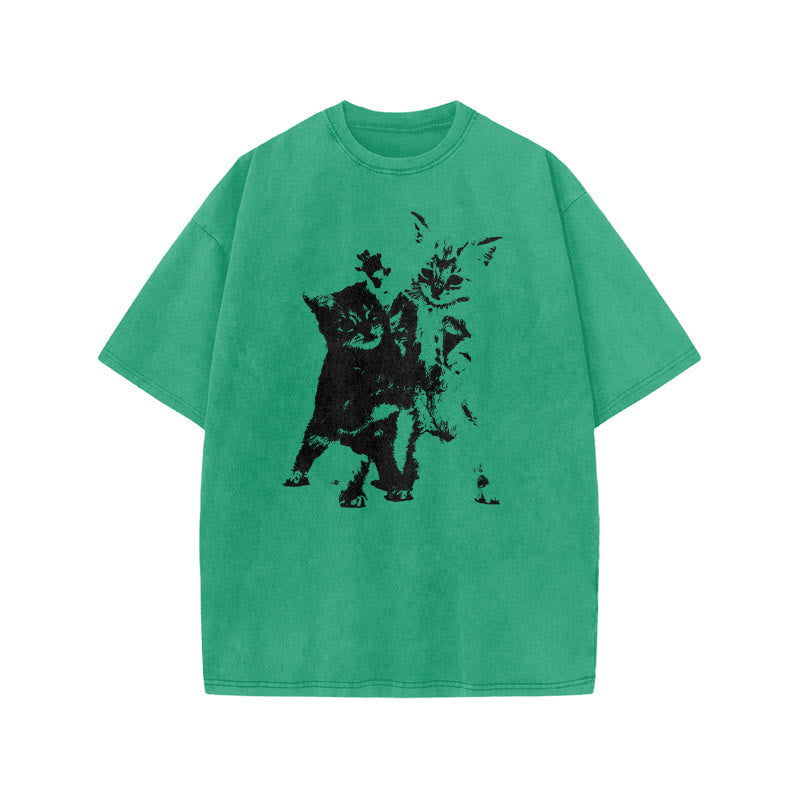 Fighting Kittens Print Acid Washed T-shirt