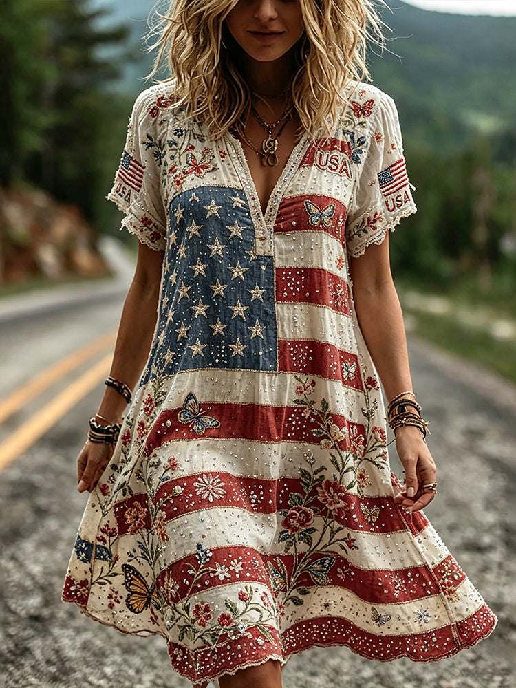 Women's American Flag Memorial Day Art Rhinestone Cotton Linen Distressed V-neck Dress
