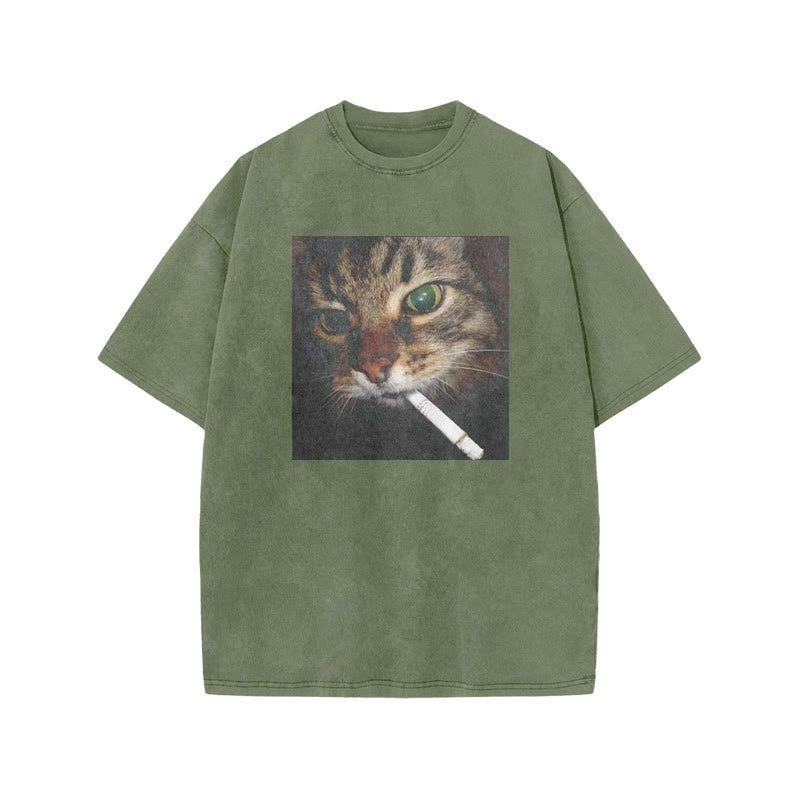 Unisex Cat With Cigarette In Mouth Print Acid Washed T-shirt