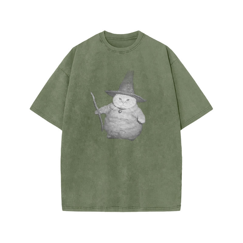 Unisex Wizard Cat Print Acid Washed T-shirt