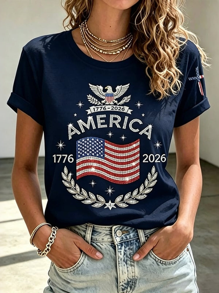 Women's Anniversary Flag Hot Diamond Print Casual T-shirt